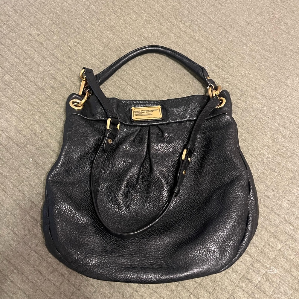 Marc Jacobs Black Leather Hobo Bag with Gold Accents